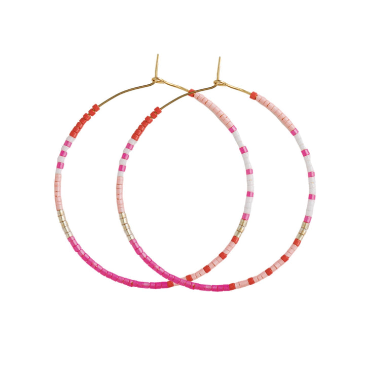 Skinny Pink Beaded Hoop Earrings
