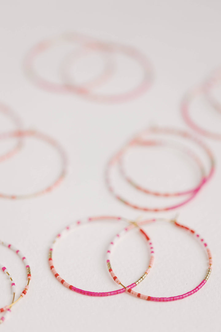 Skinny Pink Beaded Hoop Earrings