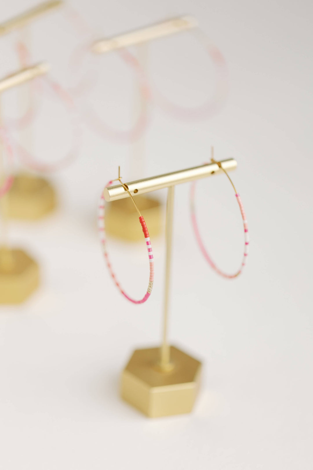 Skinny Pink Beaded Hoop Earrings